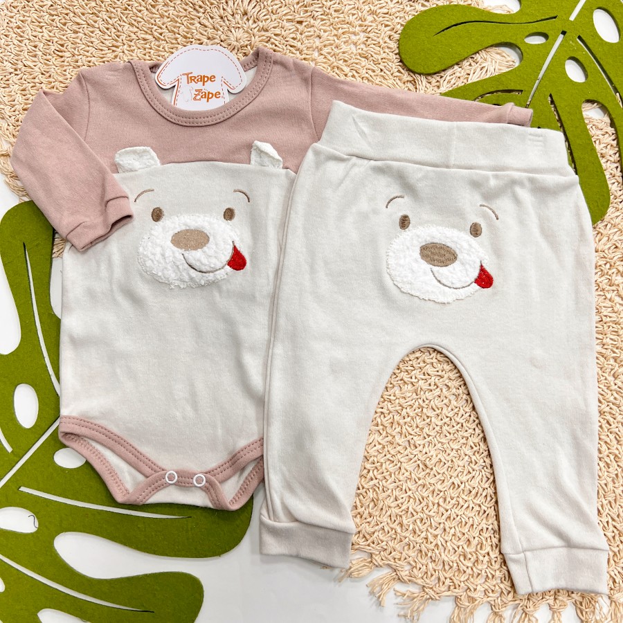 Conj. Body Manga Longa e Calça Ursinho - Cor Gelo e Cappuccino 